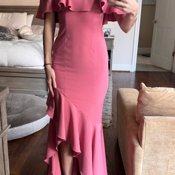 Likely Cabrera Gown in Mauvewood Ruffle Asymmetrical Off Shoulder Pink Size 0 - Picture 2 of 7